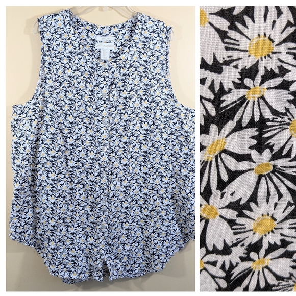 Cynthia Rowley Tops - Cynthia Rowley Blouse Daisy Print 100% Linen Button Down Sleeveless Whit…